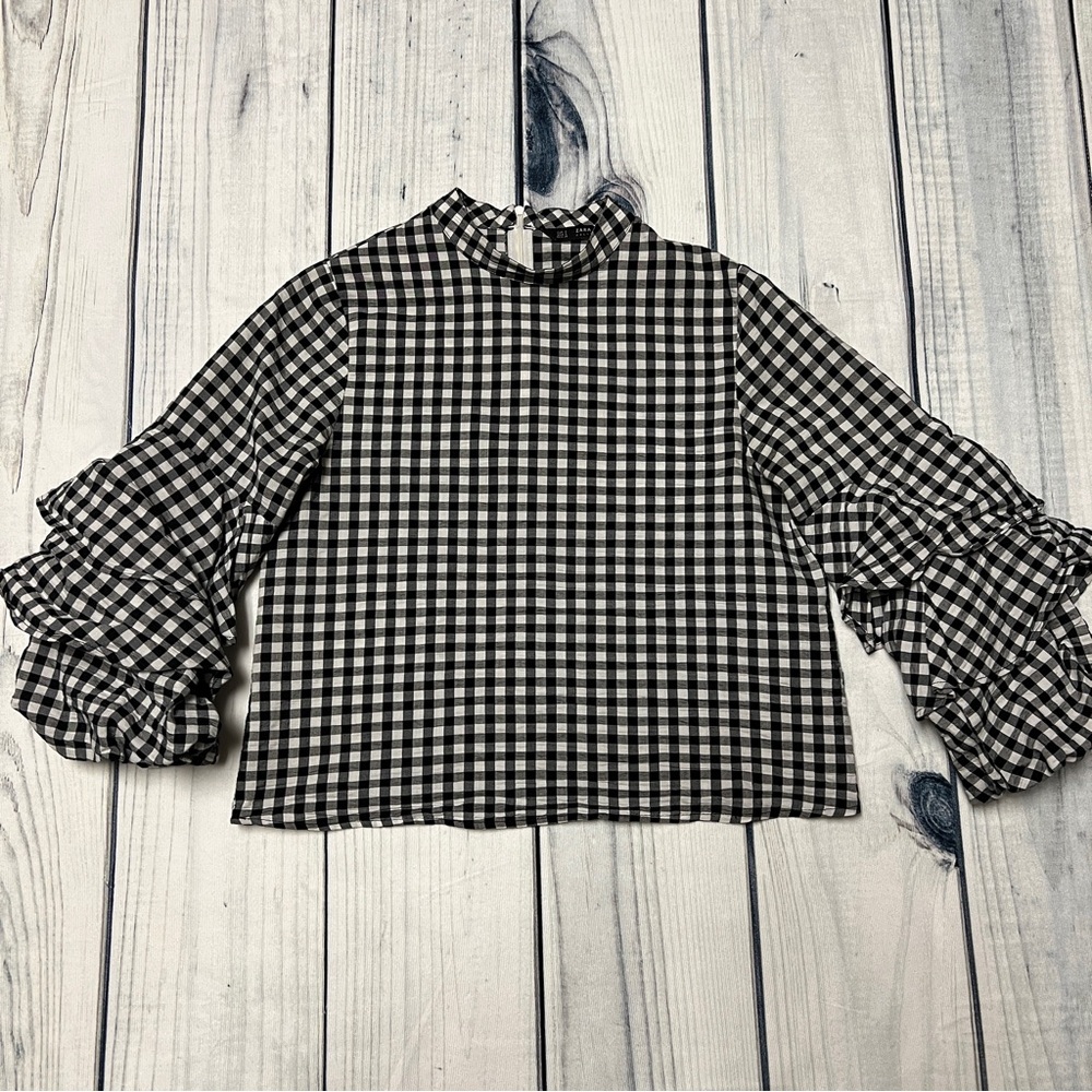 Zara Gingham Ruffled Sleeve Blouse Size S